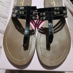 kate spade Black Patent Studded T-Strap Sandals